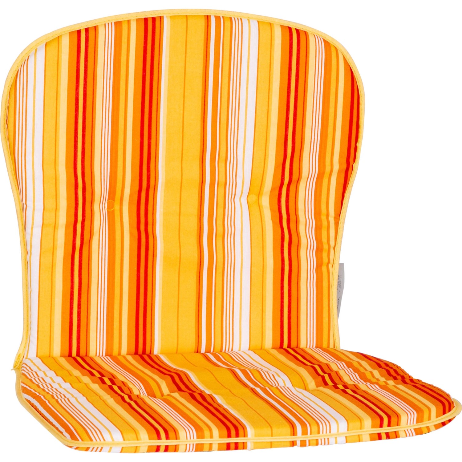 Beo Niedriglehner Auflage Mono Palma für Gartenstuhl, gestreift in Gelb-, Orange- und Rottönen.