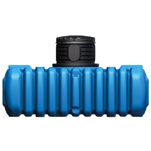 4rain Flachtank Flat S 3.000 l mit Schachtverlängerung, blauer Erdtank mit schwarzem Deckel.