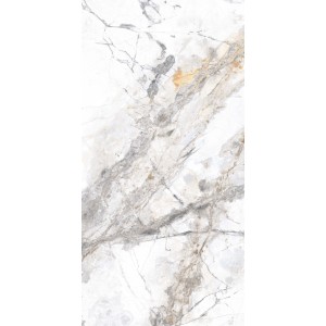 Weiße Feinsteinzeug Bodenfliese Marble riva, glasiert & poliert, mit grauen Marmoradern. 60x120 cm.