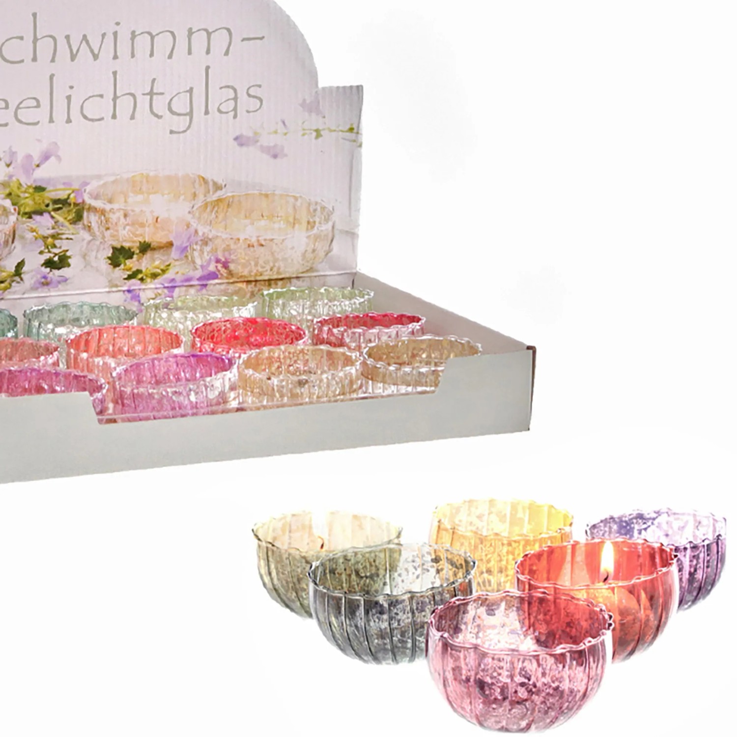 Farbige Schwimm-Teelichtgläser (Ø 6cm) für Gartenteich & Deko. Zufällige Farbauswahl.