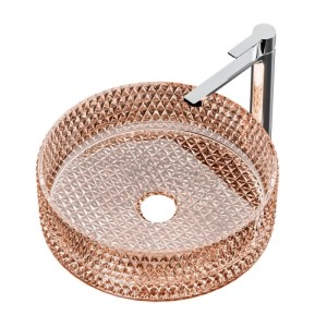 Rundes Emke Aufsatzwaschbecken aus roségoldenem Glas mit Strukturmuster und Chromarmatur für Badezimmer.