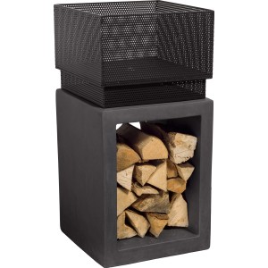 Quadratische Feuerschale mit Konsole und Brennholzlager, 72x35x35 cm.