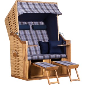 Trendy Strandkorb Trend 10+ aus Akazienholz mit blau kariertem Dessin und Zubehör.