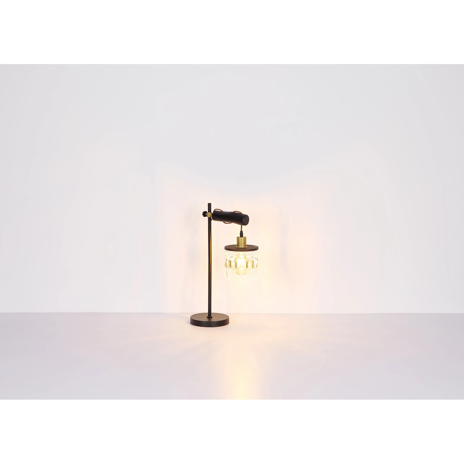 Globo Stehlampe Comma, 2-flammig, schwarz-gold mit Kristallglas, modernes Design.