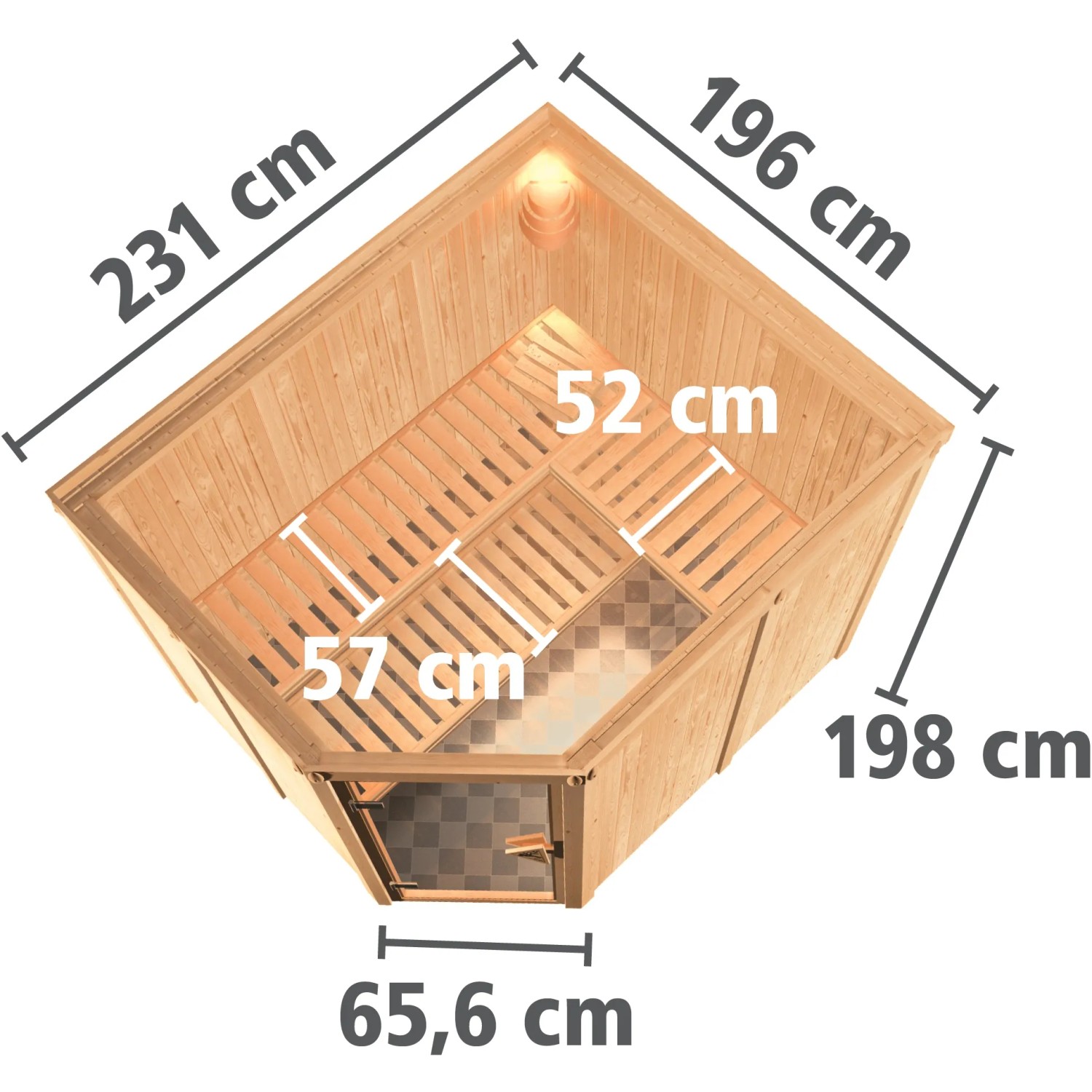 Karibu Sauna mit Bio-Ofen, Aufsicht mit Maßen. Massivholzsauna aus naturbelassener Fichte.