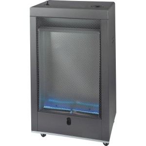 OBI Gasheizer Taby 4,2 kW, grauer Heizofen mit Rollen und Metallgitter.