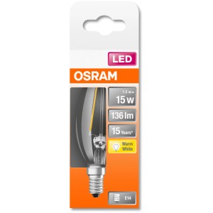 Osram LED-Leuchtmittel E14 Kerze, 1,5W, warmweiß, 136lm, 10x3,5cm. Energiesparende LED für stimmungsvolles Licht.