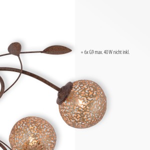 Paul Neuhaus Greta Deckenleuchte, 6-flammig, Rostfarben mit goldenen Leuchtkugeln.