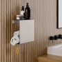 Schulte Duschablage Größe L in Edelstahloptik mit Handtüchern und Pflegeprodukten.