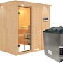 Karibu Sauna Rikka mit Ofen und LED-Dachkranz aus Naturholz, mit Glastür und Steuerung.