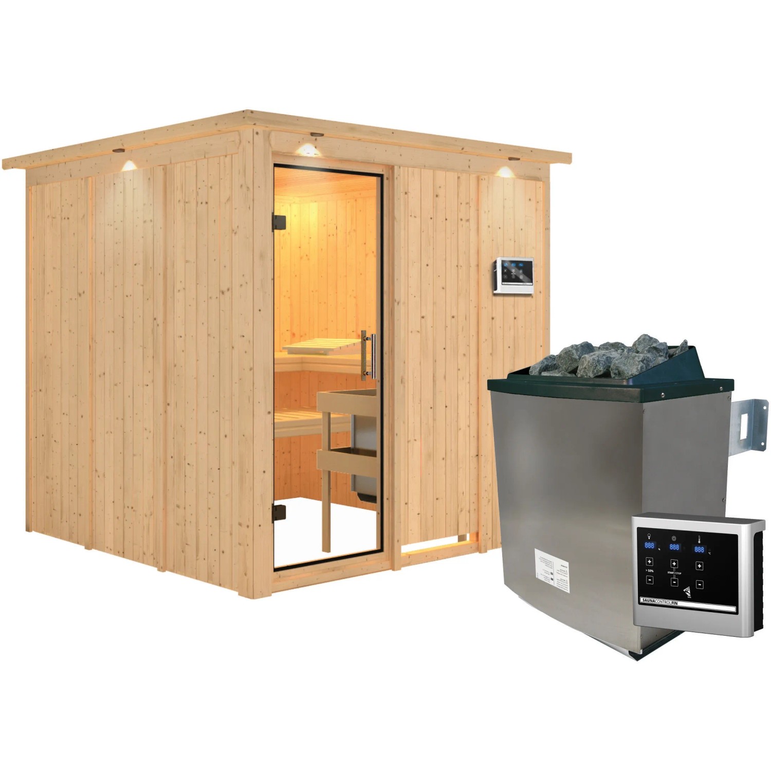Karibu Sauna Rikka mit Ofen und LED-Dachkranz aus Naturholz, mit Glastür und Steuerung.