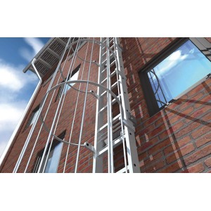 Leiter mit Schutzkorb an einer roten Backsteinmauer. Notleiter.