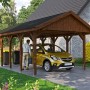 Satteldach-Carport Wallgau in Nussbaum mit schwarzem Dach und gelbem Auto.