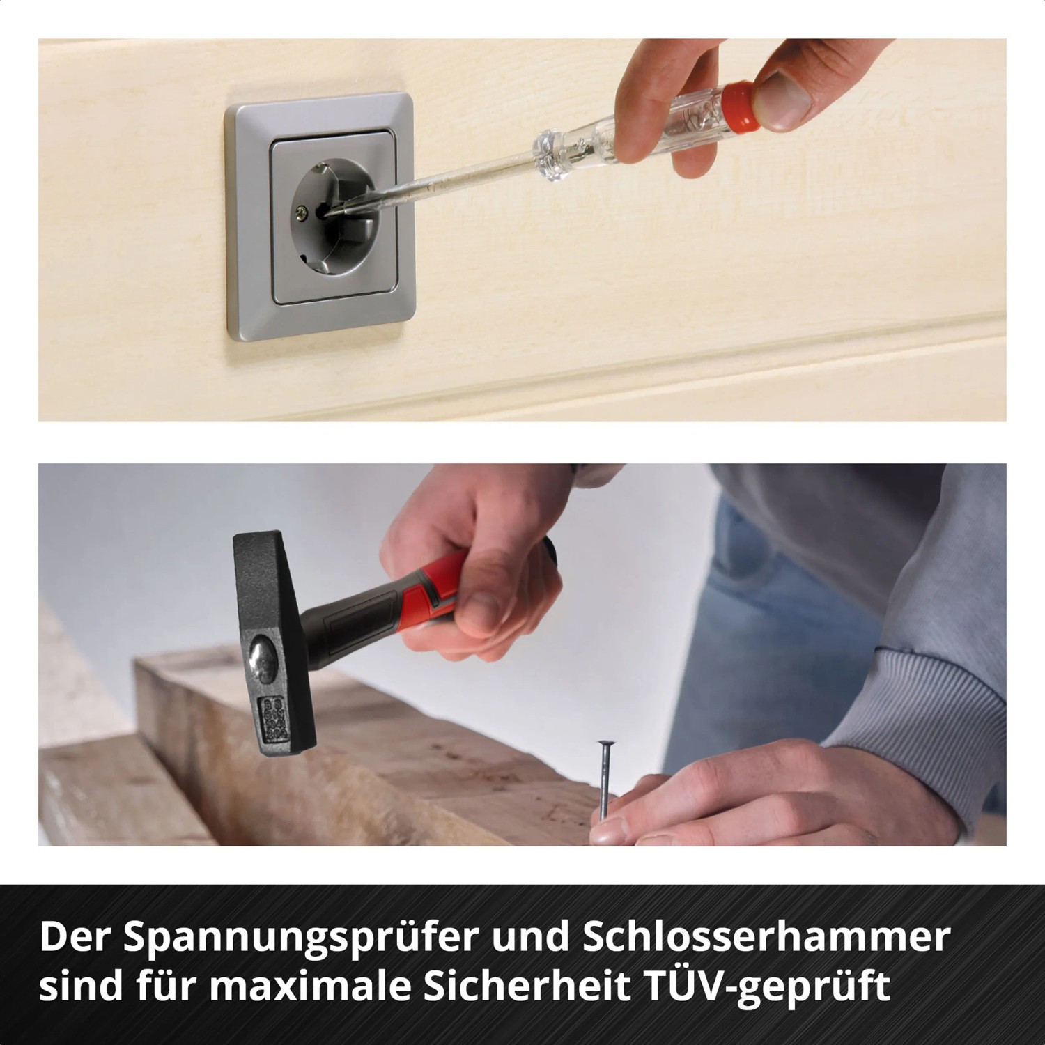 Einhell Werkzeugkoffer: Spannungsprüfer an Steckdose, Hammer beim Einschlagen eines Nagels.