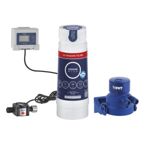 Grohe Blue Ultrasafe Starter-Set: Wasserfilter mit Filterkartusche, Durchflussmesser und Anschlussstück.