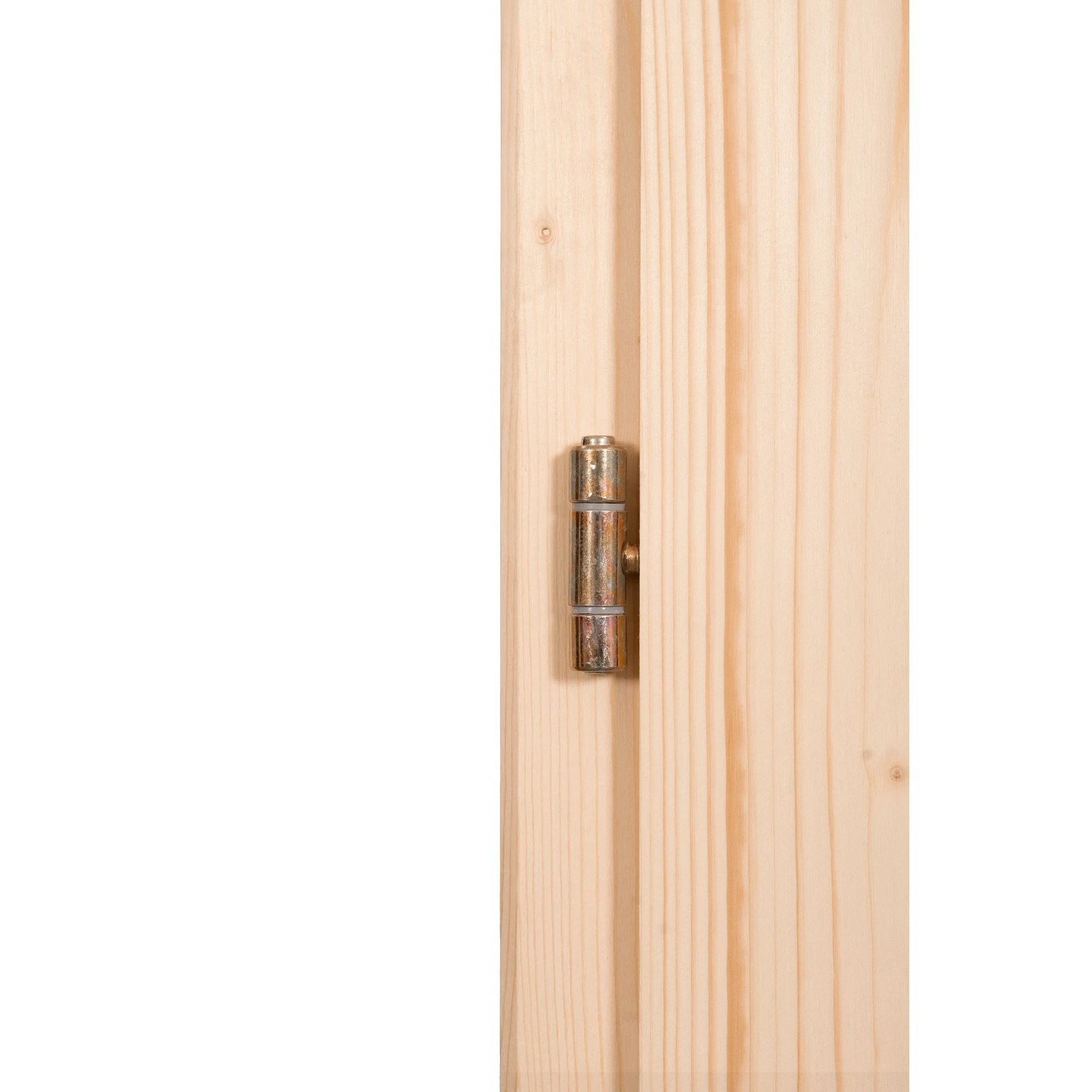 Detailaufnahme: Holz-Nebeneingangstür NET 510 mit Türband. Naturholz, unbehandelt.