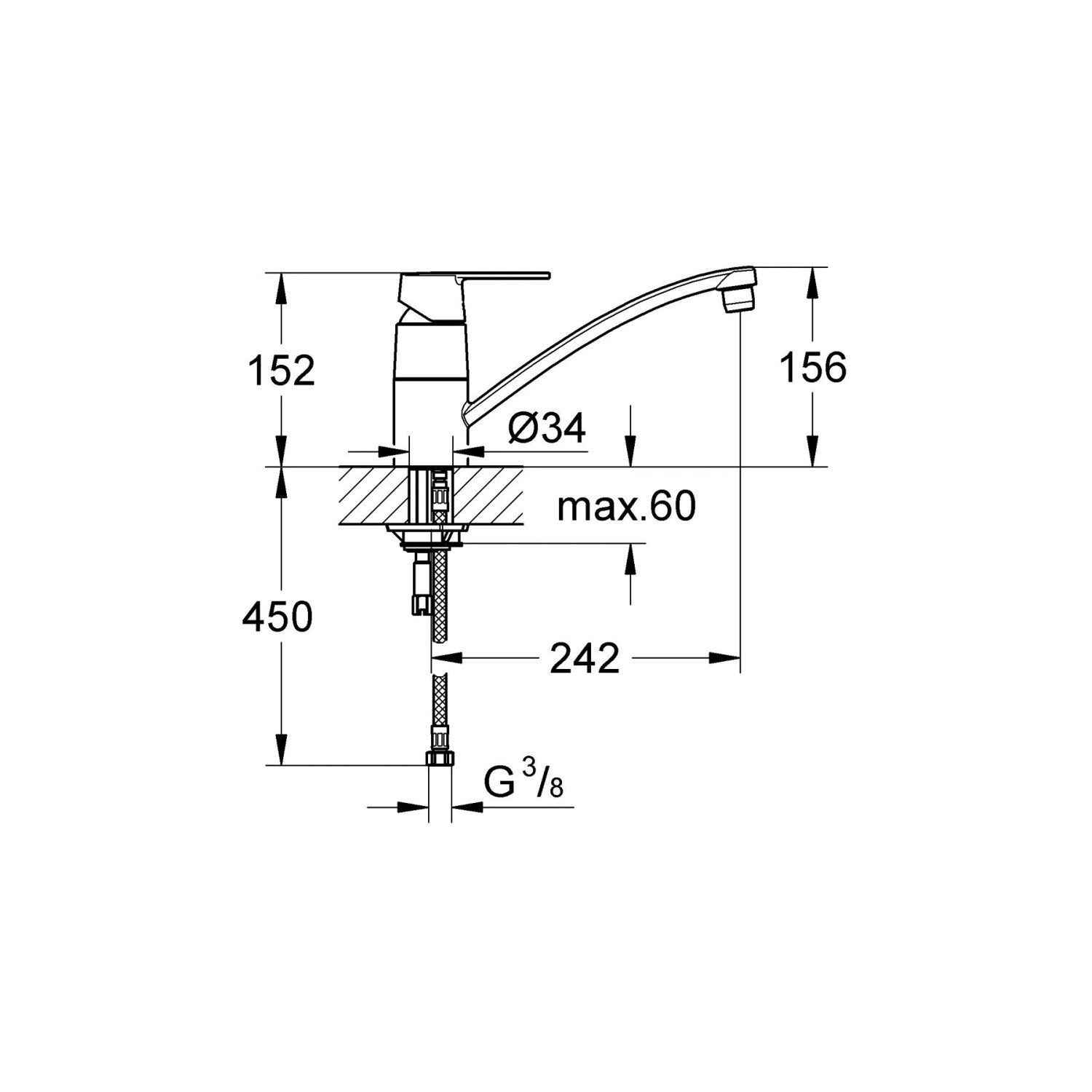 Technische Zeichnung: Grohe QuickFix Küchenarmatur Get Chrom, Einhebelmischer mit Maßen.