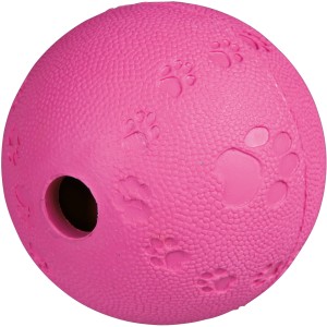 Pinker Jollypaw Snackball aus Naturgummi mit Pfotenabdruck, Durchmesser 9 cm.