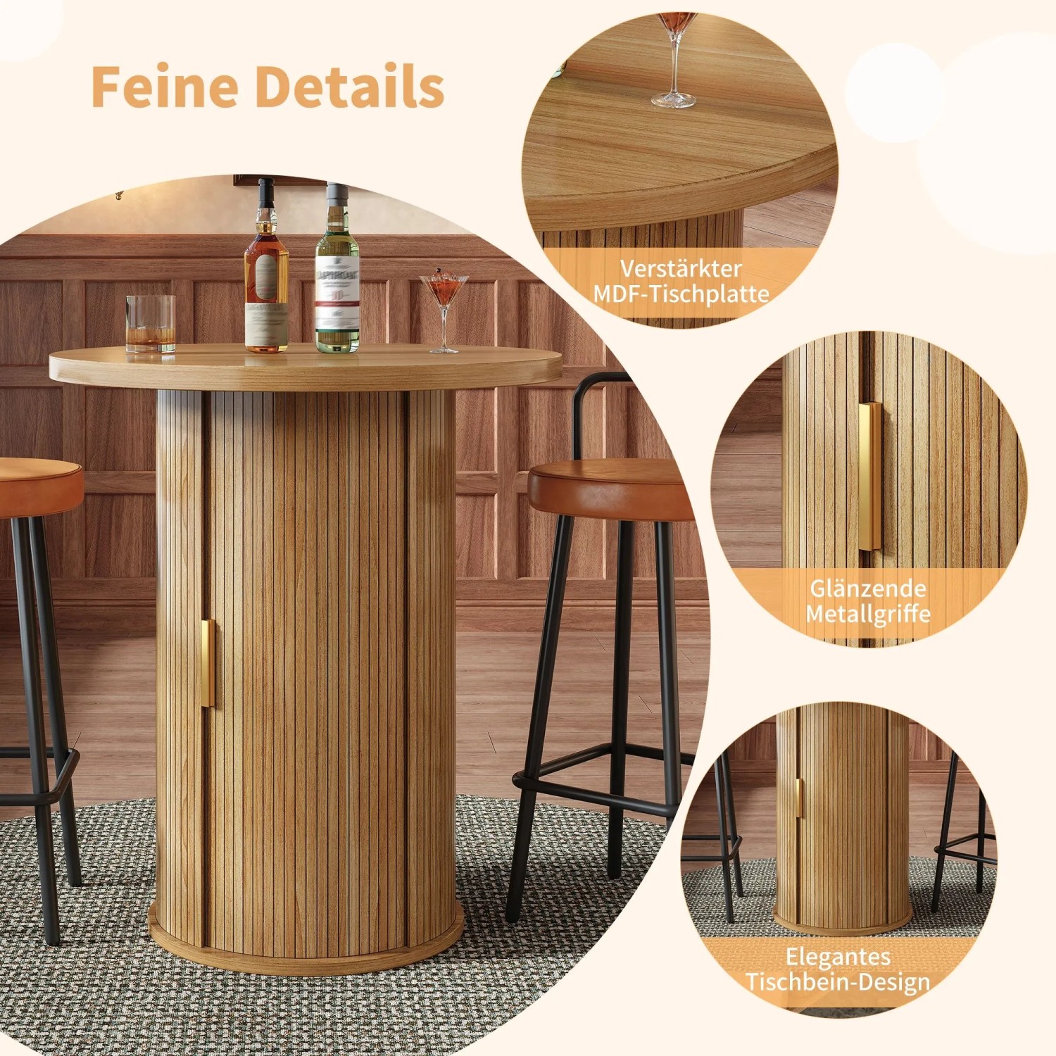 okwish Bartisch mit Stauraum MDF Holzoptik Bar Wohnzimmer 60x60x91.6cm Natur_6
