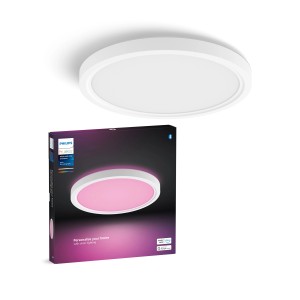 Philips Hue Tento LED-Panel, weiße Deckenleuchte mit Farbfunktion und Produktverpackung.