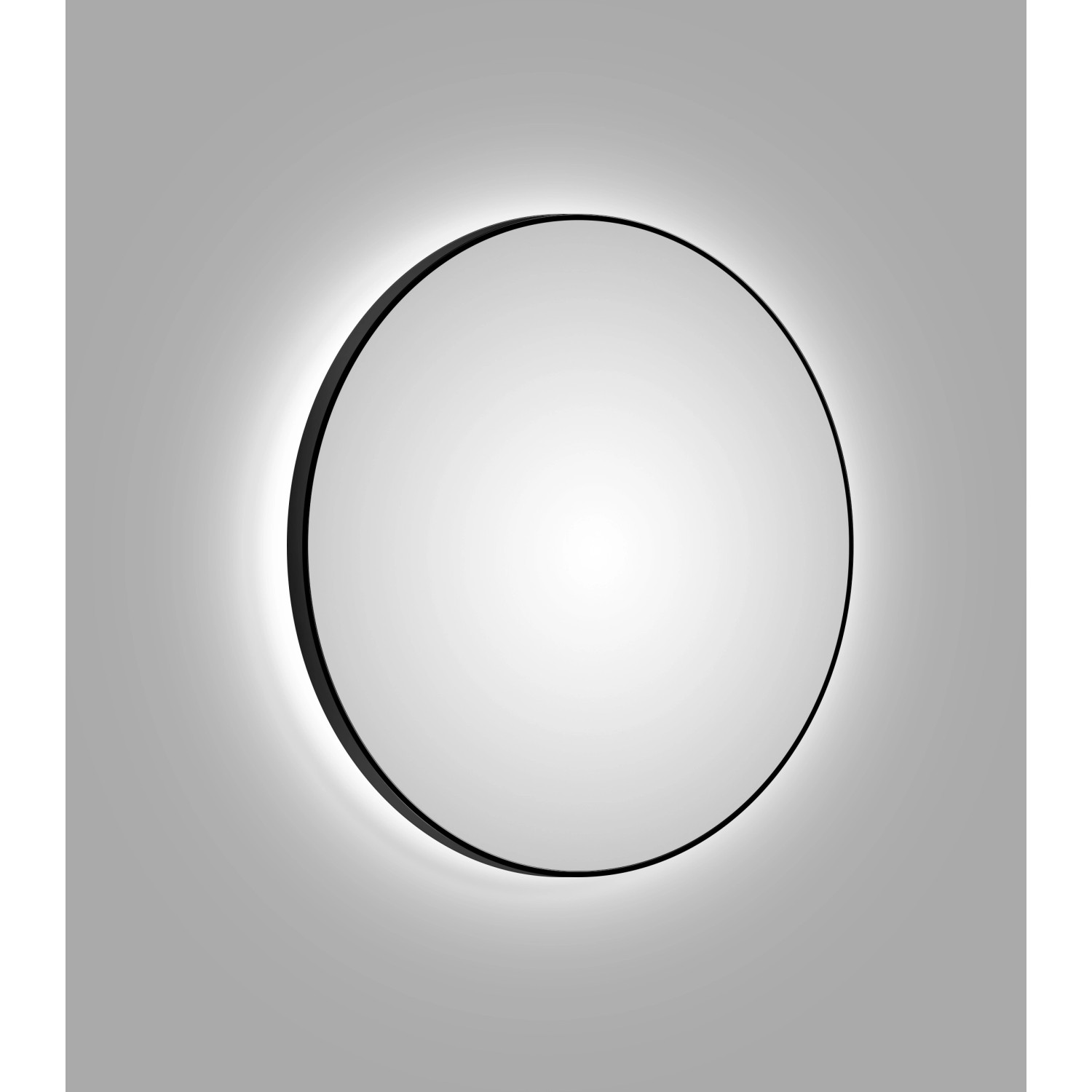 Runder DSK Design LED-Lichtspiegel Silver Globo, Ø 120 cm, mit schwarzem Rahmen und indirekter Beleuchtung.