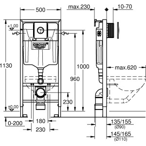 Grohe QuickFix Vorwandelement für WC Solido, 1,13m Bauhöhe, Chrom, mit Maßangaben.