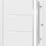 Weiße Haustür Thermospace Neapel Prime mit Edelstahlgriff und horizontalen Designelementen.