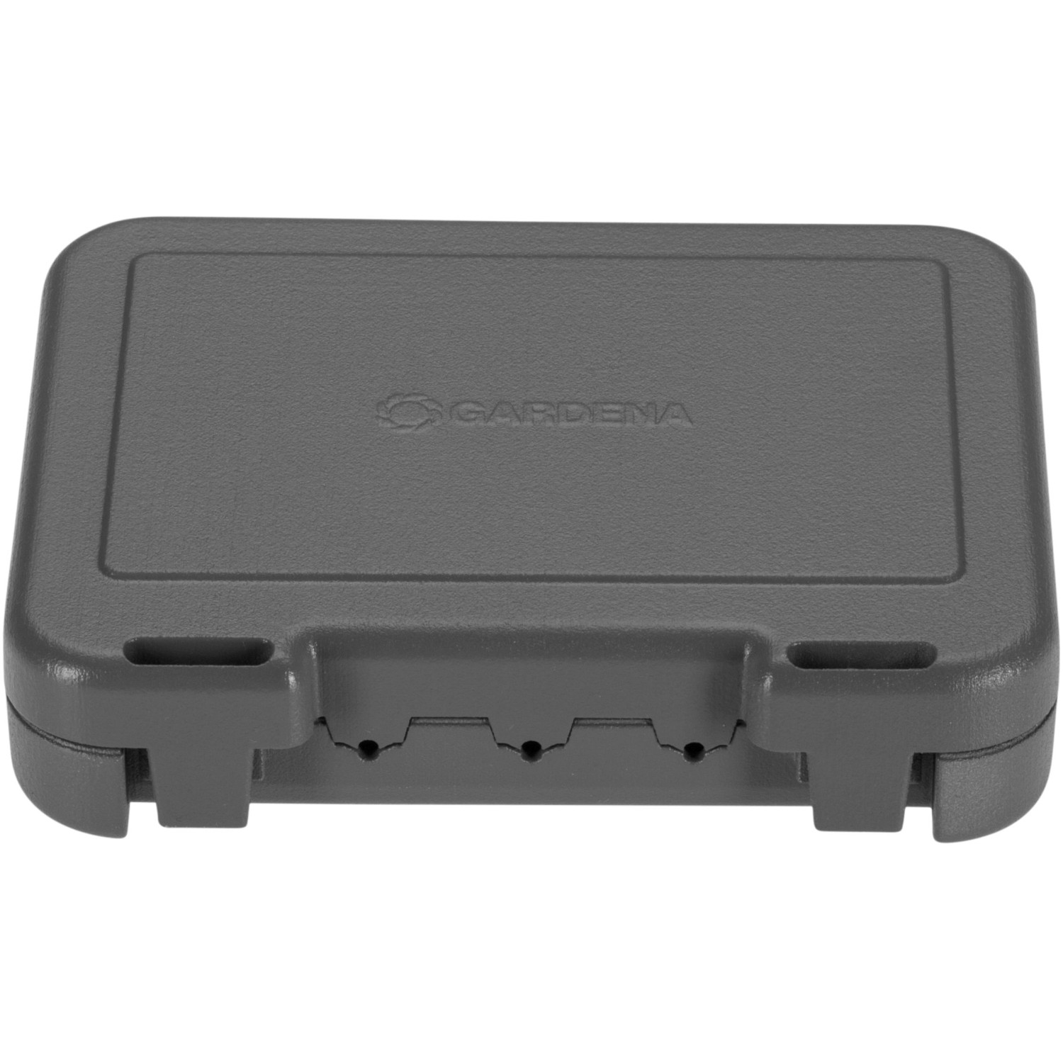 Graue Gardena Kabelverbinder-Schutzbox für Mähroboter-Zubehör.