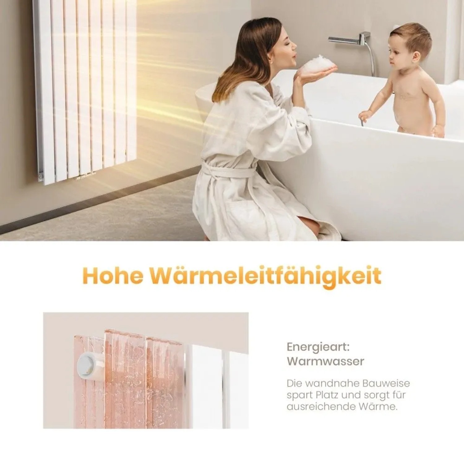 Weißer vertikaler Emke Badheizkörper im Bad, strahlt Wärme aus. Effizienter Paneelheizkörper für Warmwasser, wandnah.