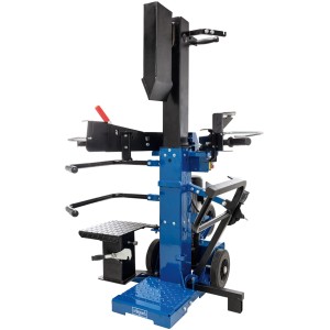 Scheppach Holzspalter Compact 15 t: Stehender, blauer Holzspalter mit schwarzem Spaltkeil und Tisch.