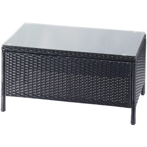 Schwarzer Polyrattan-Tisch mit Glasplatte, Teil des 4-teiligen Gartenmöbel-Sets Canera.