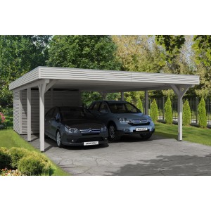 Skan Holz Carport Spessart mit Abstellraum, weiß, für zwei Autos.