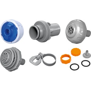Zubehör für Sandfilteranlage: Düsen, Adapter und Dichtungen für Pool-Einlass und -Auslass.