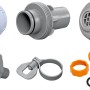 Zubehör für Sandfilteranlage: Düsen, Adapter und Dichtungen für Pool-Einlass und -Auslass.