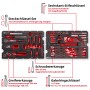 Einhell Werkzeugkoffer Universal 80-tlg. E-CASE mit Werkzeugsortiment, wie Hammer, Zangen, Schraubendreher und Steckschlüsseln.