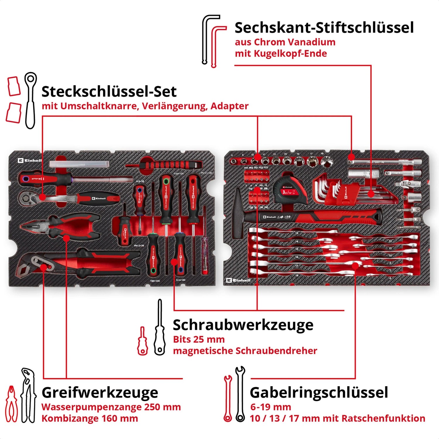 Einhell Werkzeugkoffer Universal 80-tlg. E-CASE mit Werkzeugsortiment, wie Hammer, Zangen, Schraubendreher und Steckschlüsseln.