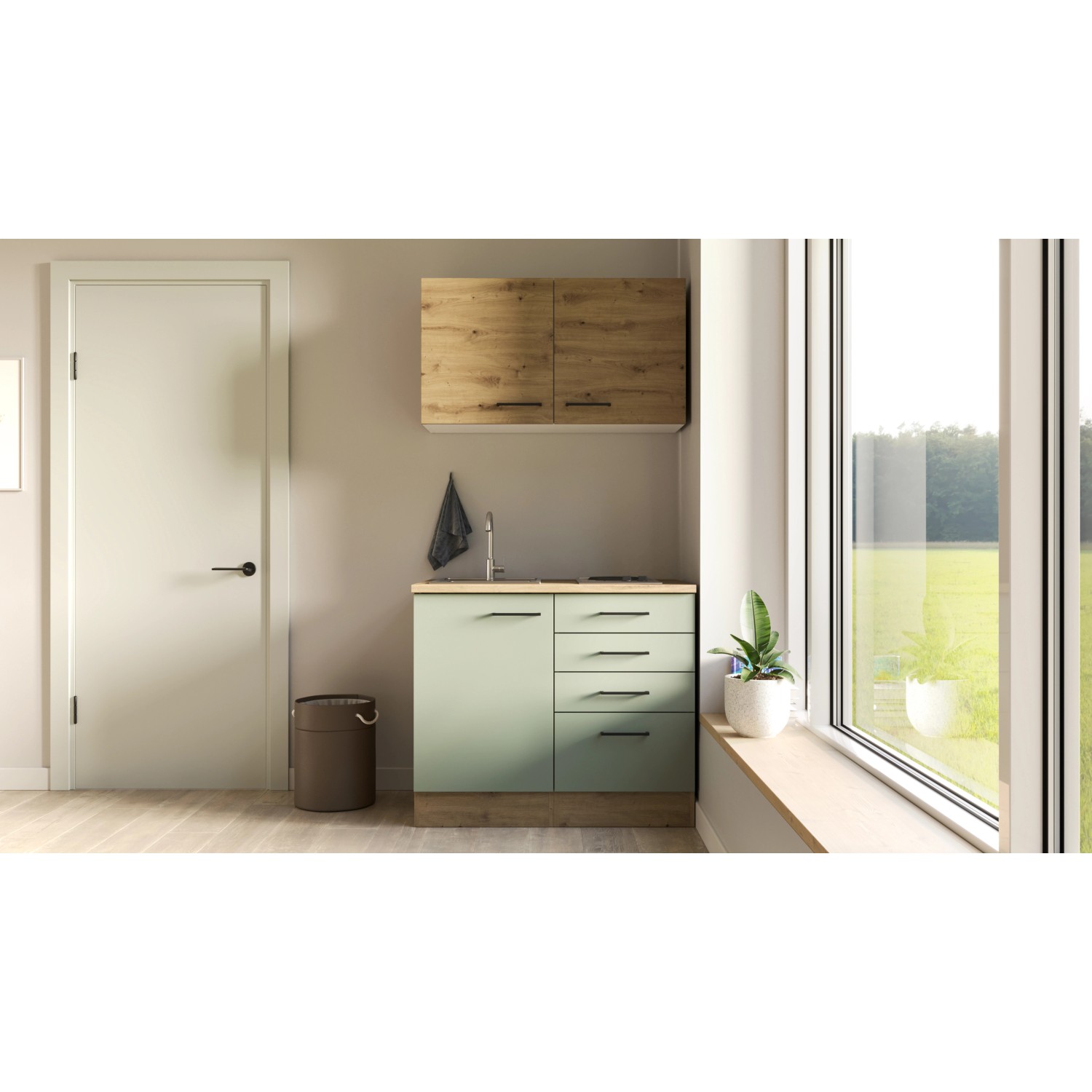 Flex-Well Miniküche Cara, 100 cm, schilfgrün/Artisan Eiche, mit Spüle und Kochfeld.