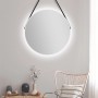 Runder, weißer LED-Lichtspiegel (Ø 80 cm) mit Lederbandaufhängung von DSK Design.