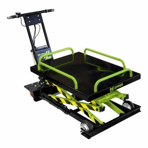 Elektrischer Zipper Scherenhubwagen ZI-SHW300, grün-schwarz, mit schwarzer Plattform, grünen Bügeln und gelb-schwarzem Scherenlift.