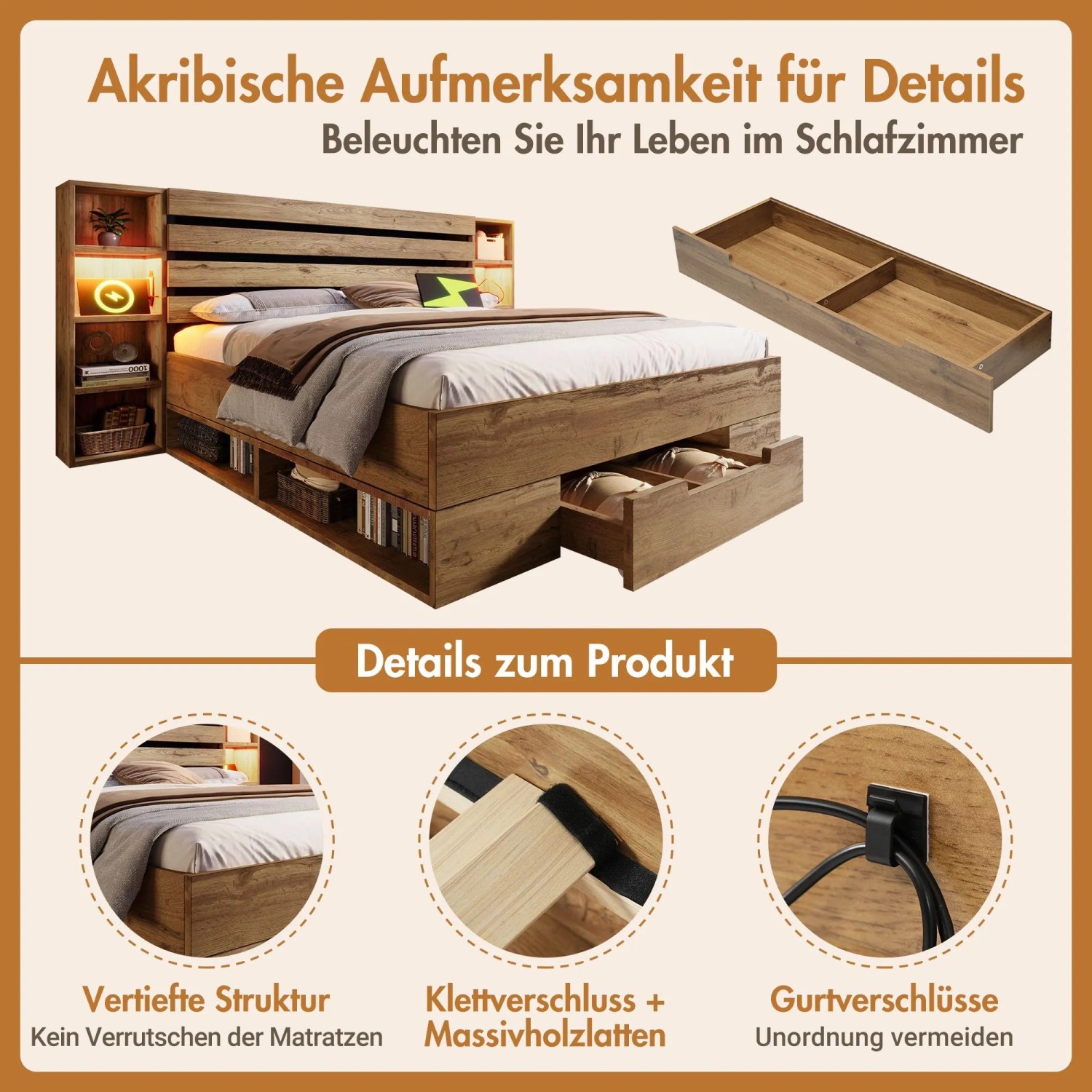 okwish Holzbett 160x200cm mit LED USB Stauraum Kopfteil Schlafzimmer Eiche ohne Matratze_8