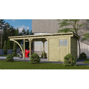 Karibu Einzelcarport Eco mit angrenzendem Geräteschuppen und Motorrad im Carport.
