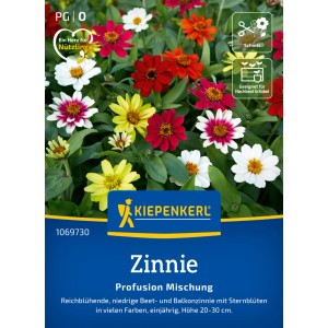 Kiepenkerl Zinnie Profusion Mischung: Farbenfrohe Zinnienblüten in Gelb, Rot, Orange und Weiß.