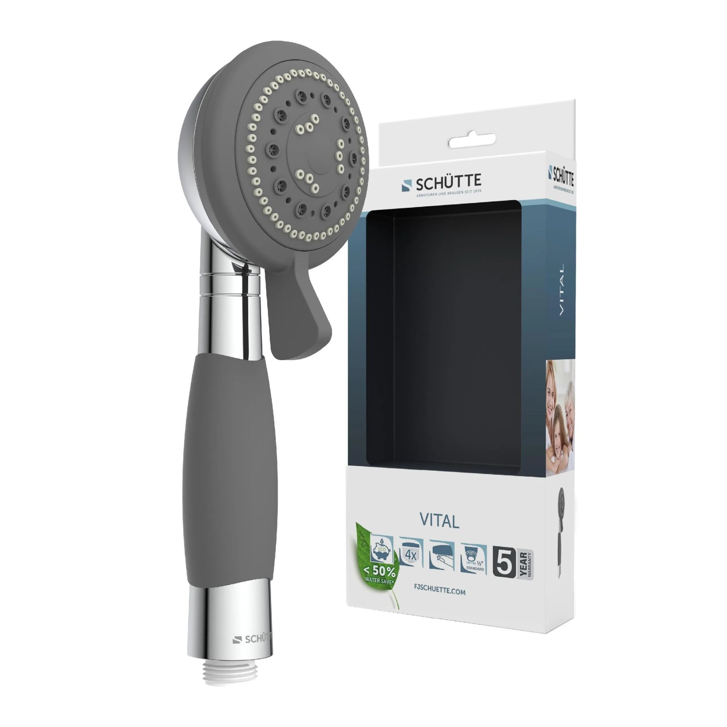 Schütte Handbrause Vital Chrom mit Antikalk-Noppen und drei Strahlarten.