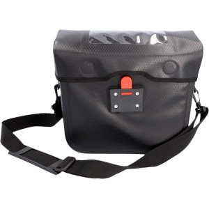 Schwarze Fischer Fahrrad Lenkertasche Plus Terra mit Schultergurt und transparentem Fach.