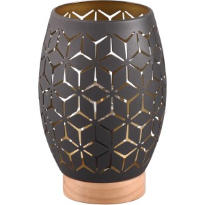 Dekorative Reality Tischleuchte Bidar in Schwarz-Gold mit Muster und Holzfuß.