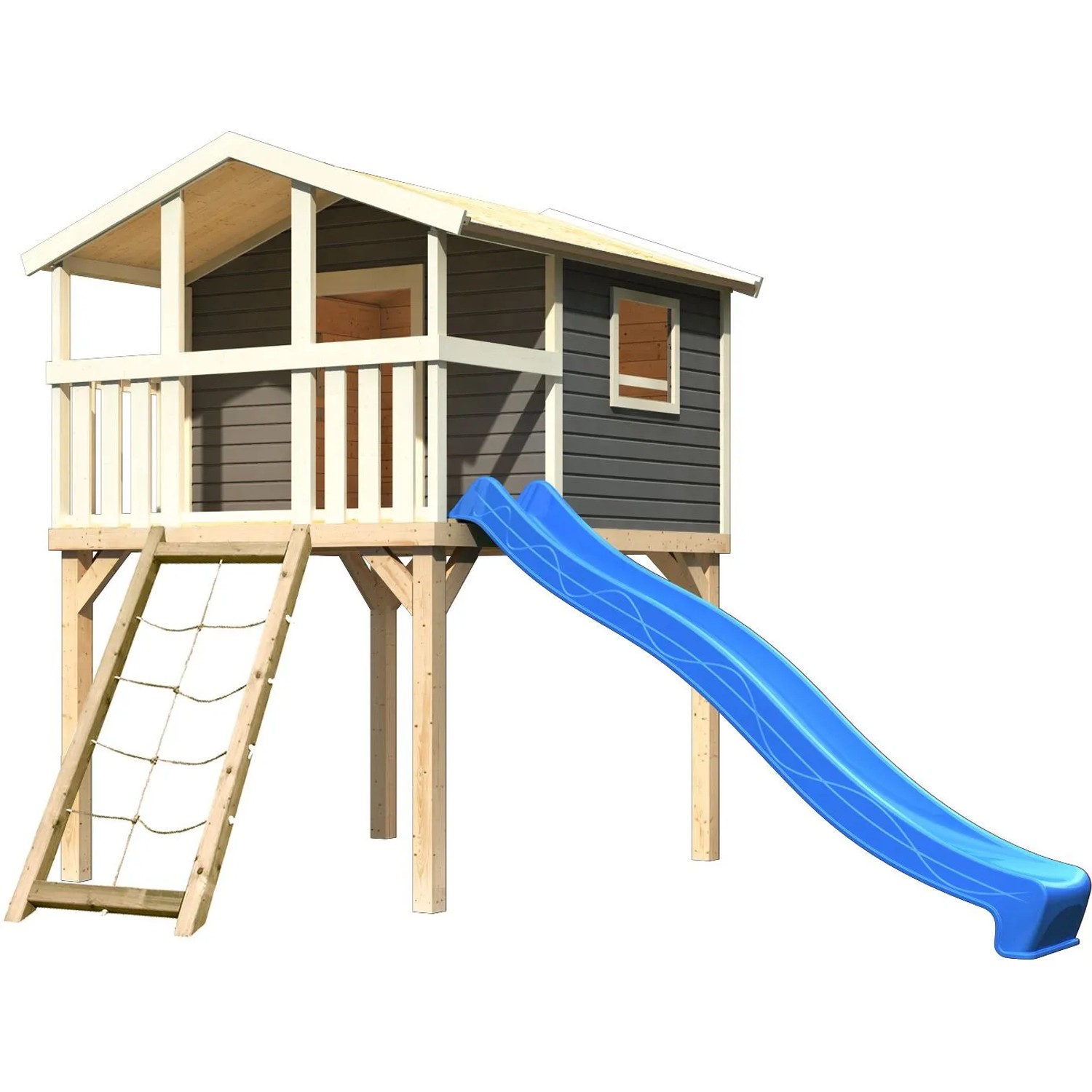 Karibu Stelzenhaus Benjamin in Terragrau mit blauer Rutsche, Netzrampe und Leiter.