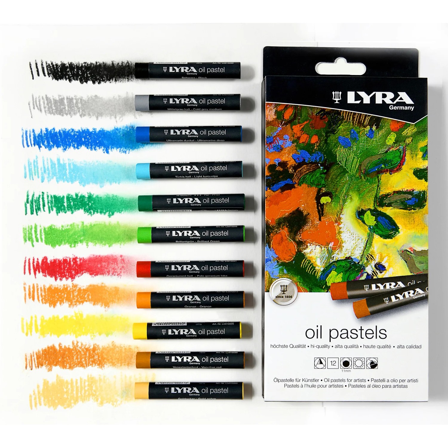 Lyra Öl-Pastellkreiden, 12 Farben im Kartonetui, mit Farbbeispielen.