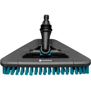 Gardena Cleansystem Stielbürste Hard Flex, anthrazitfarbener Bürstenkopf mit blauen Borsten und Wasseranschluss.