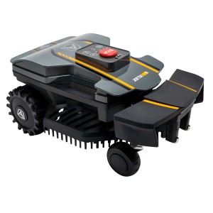 Ambrogio Mähroboter Zeta R, schwarz-orange, mit großem roten Stop-Knopf.