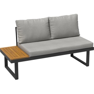 3-teiliges Lounge-Set Lipson aus Akazienholz und grauem Aluminium mit hellgrauen Auflagen und Kissen.